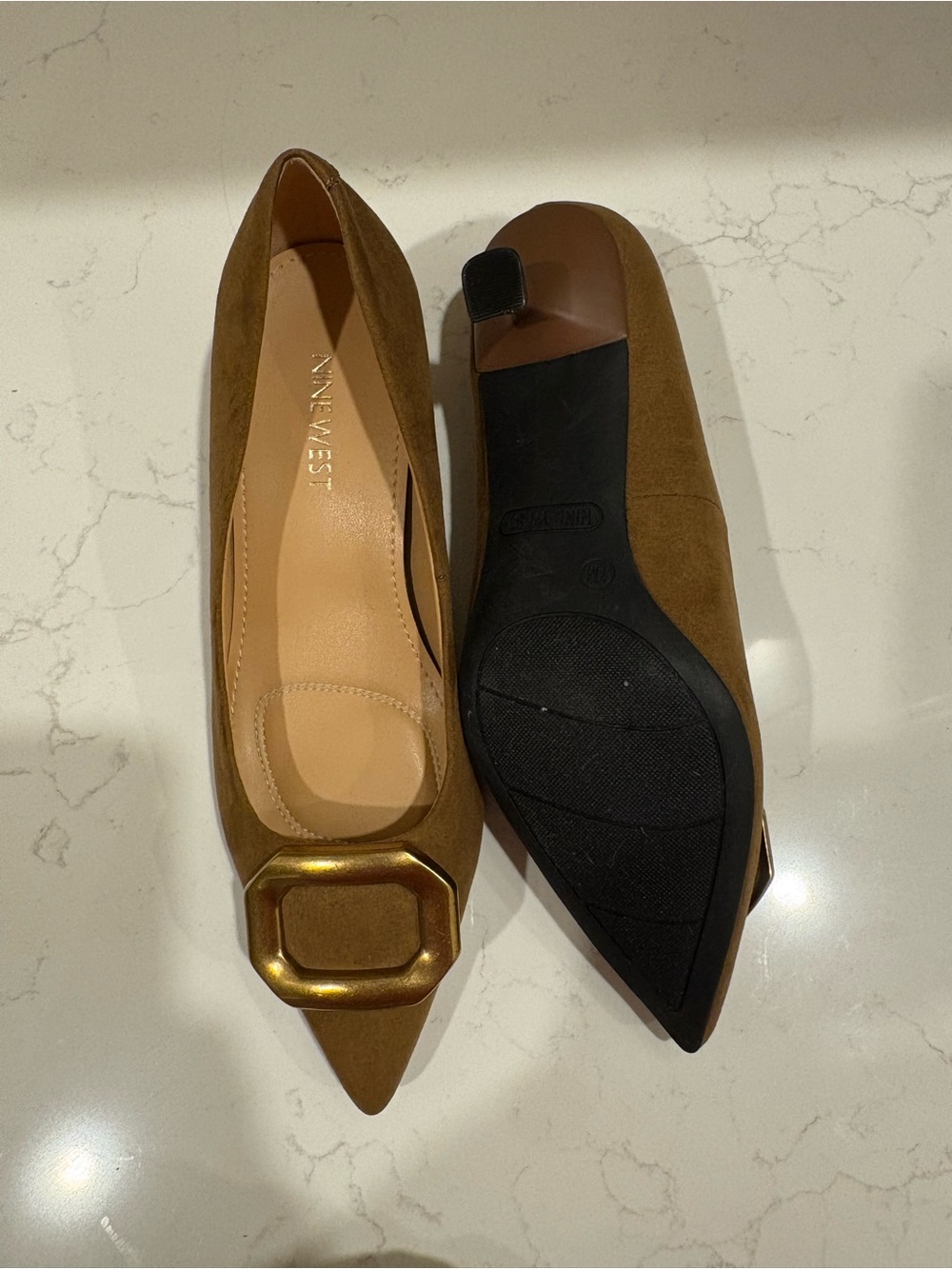 Nine West Suede Pointed-Toe Kitten Brown Heel Pumps with Gold Buckle - Picture 5 of 5